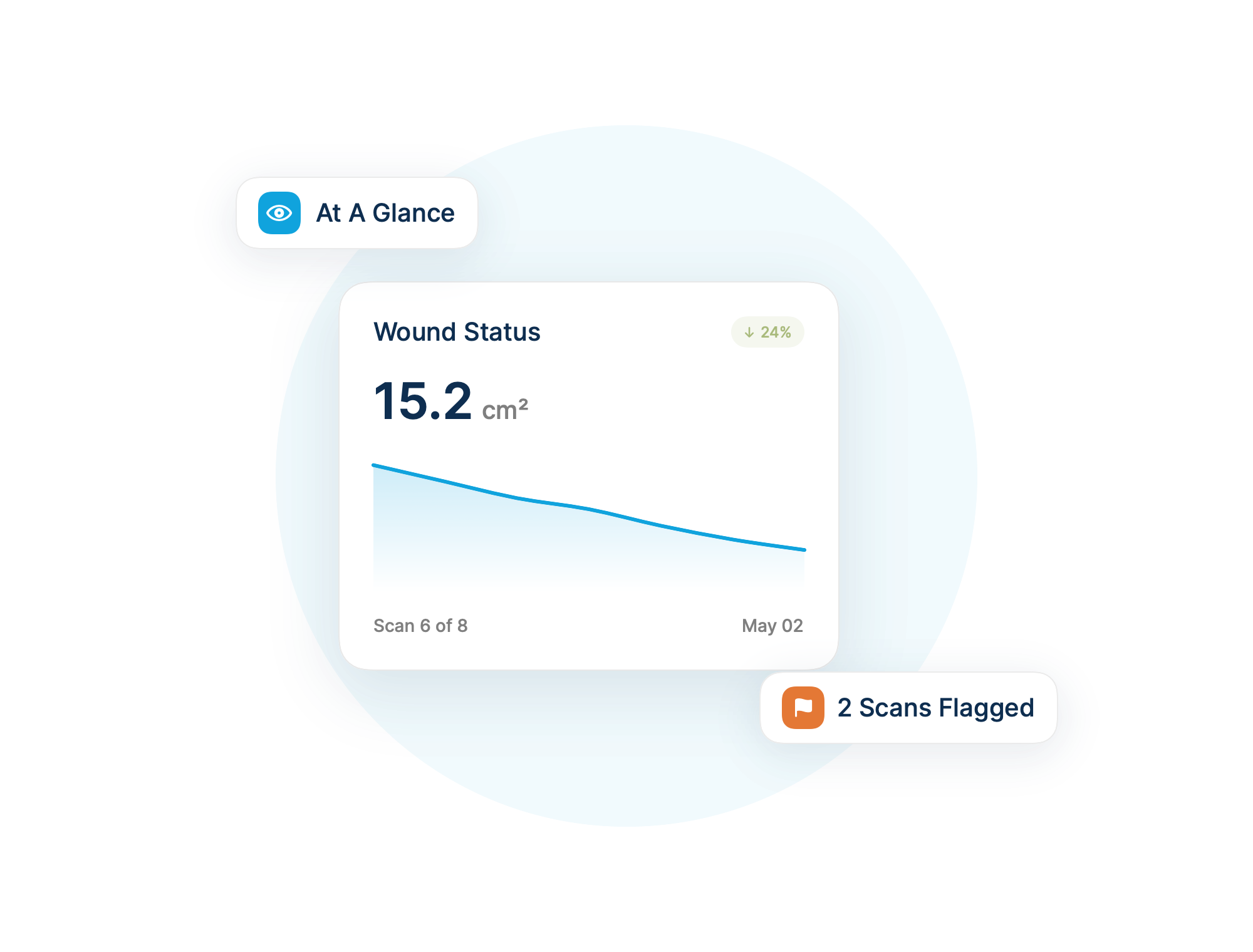 Wound status heads-up card with healing trend and flagged scans