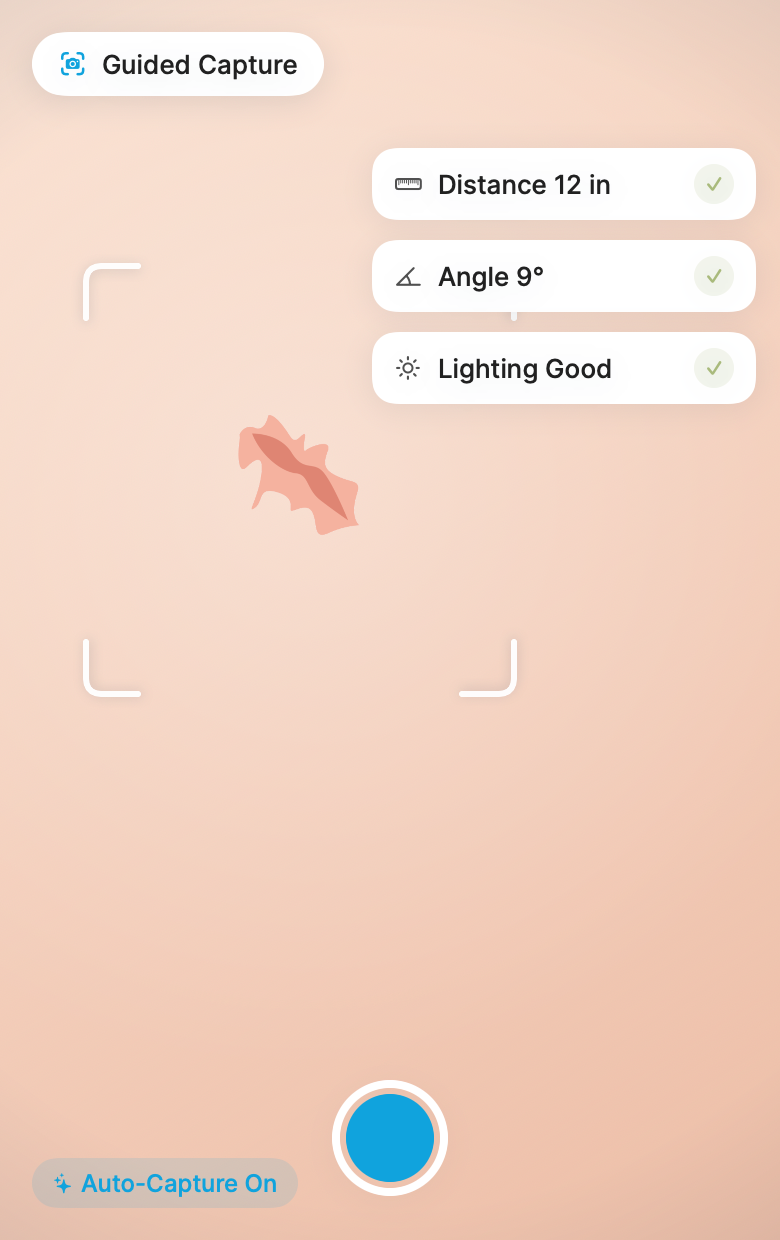 Guided capture viewfinder with live distance, angle, and lighting checks