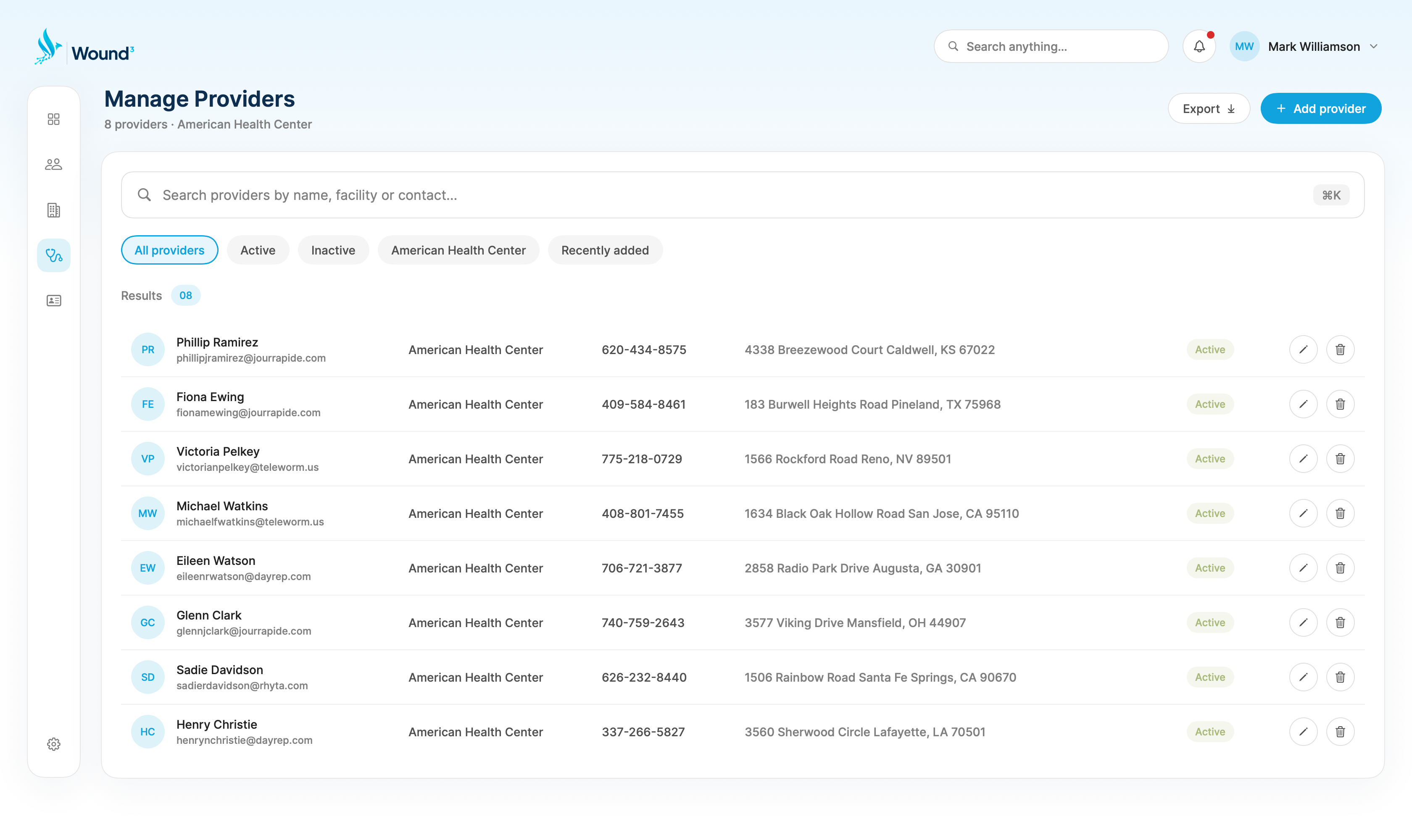 Manage providers screen in the Wound³ web portal