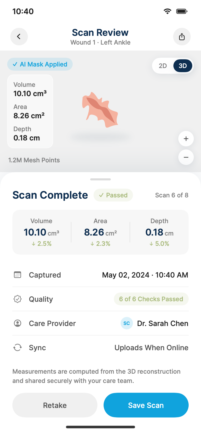 Scan review screen with AI mask, 3D model, and wound measurements